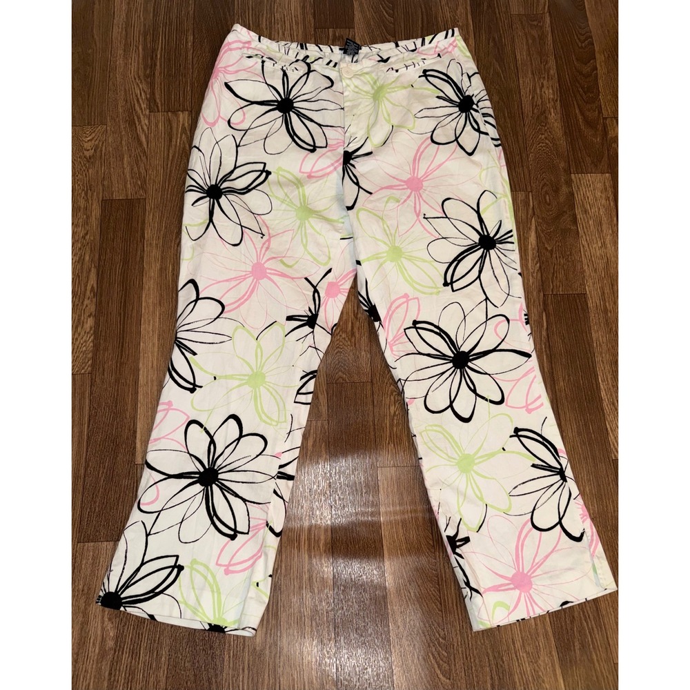 Sandra Womens Floral Straight Leg Pants White Pink‎ Green Cotton Stretch Size 10